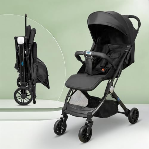 Image of Amazon Brand - Supples Baby Stroller for Newborns & Toddlers 0-3 Years | Auto Fold Travel Cabin Trolley Pram | Adjustable Backrest, 5-Point Safety Harness, 360 Wheels | Black