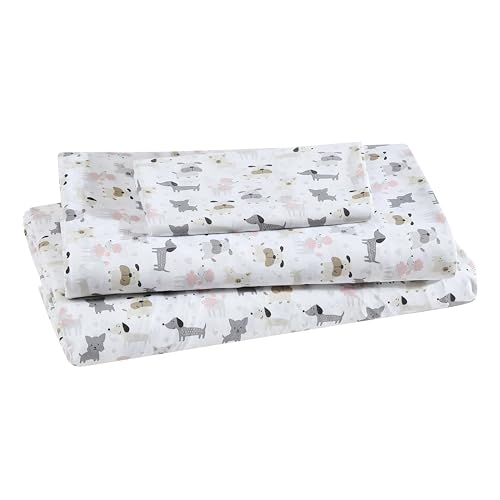 Image of Beatrice Home Fashions Printed Microfiber Sheet Set, Soft Comfortable Easy Care, Includes 1 Fitted Sheet with 12" Deep Pockets, 1 Flat Sheet, Pillowcase, Twin, White Puppy Love