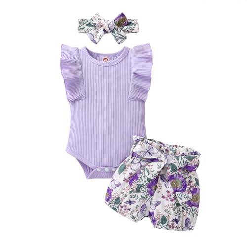 Image of Tiny Cutey Baby Girl Clothes Infant Summer Outfits Set Ruffle Sleeve Romper and Floral Shorts with Headband