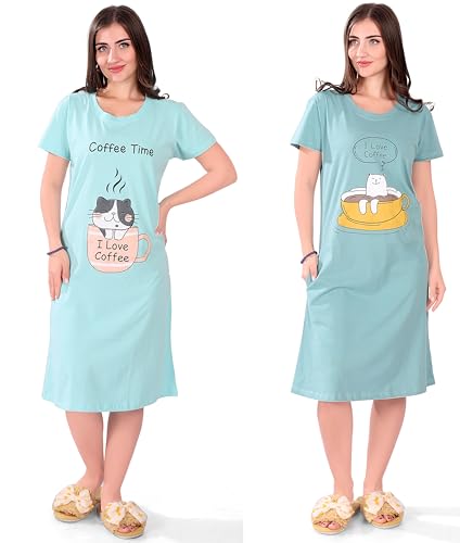 Image of Printed Knee Length Pocket Night Dresses for Women | Cat Lover | Premium Soft Cotton Nighty | Blue and Maroon