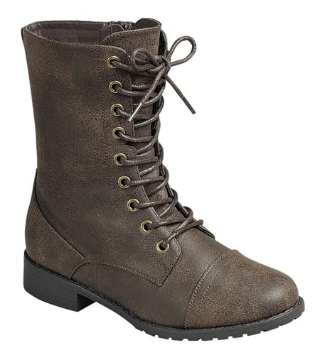 Image of Forever Link Womens Round Toe Military Lace Up Knit Ankle Cuff Low Heel Combat Boots