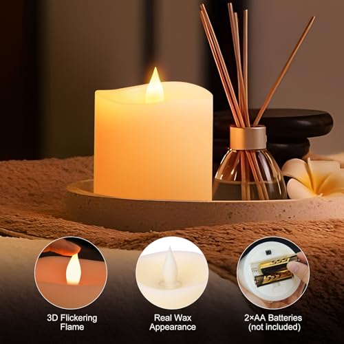 Image of 3x3 Flickering Flameless Candles, Real Wax LED Battery Operated Candles, 3 inch Flameless Candles with Remote,for Wedding Holiday Home Decor,Ivory