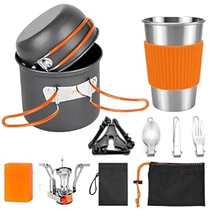 aiGear 8pcs Camping Cookware Mess Kit, Camping Pot and Pan Set with Mini Backpacking Stove, Stainless Steel Cup, Spork and Tank Bracket, Cooking Gear for Hiking Camping Outdoor Picnic