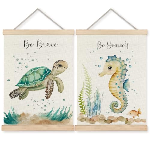Image of BearCake Ocean Nursery Decor, Sea Turtle Seahorse Under the Sea Wall Art Poster Hanger Frame, Inspirational Beach Nursery Canvas Prints Framed Wall Decor for Kids Room Playroom, 12x16 Inch Set of 2