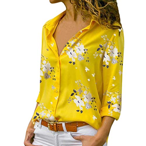Camisas Mujer Manga Larga 2019 SHOBDW Liquidaci�n Venta Camisetas Mujer Leopardo Blusas Mujer Tallas Grandes Cuello en V Bot�n Tops Mujer Regular Fit Sexy Camisas Mujer Floral S-5XL(Amarillo,M)