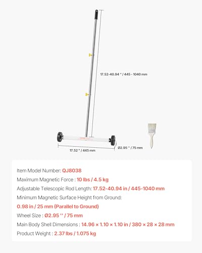 VEVOR Magnetkehrer Magnetkehrmaschine mit Rädern 43 cm, 4,5 kg Tragkraft, Magnetbesen mit verstellbarem Griff, zum Aufheben von Nägeln und Schrauben, Reinigung für Garagen, Dachprojekte