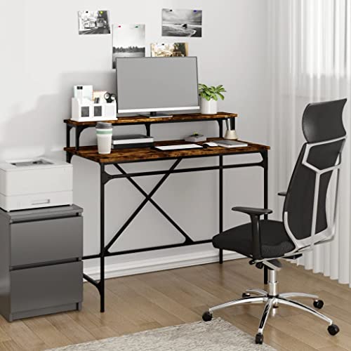 Homgoday Escritorio de roble ahumado de 100 x 50 x 90 cm, de madera multicapa y hierro, escritorio para ordenador, ahorra espacio, mesa de escritorio, escritorio Gaming para dormitorio