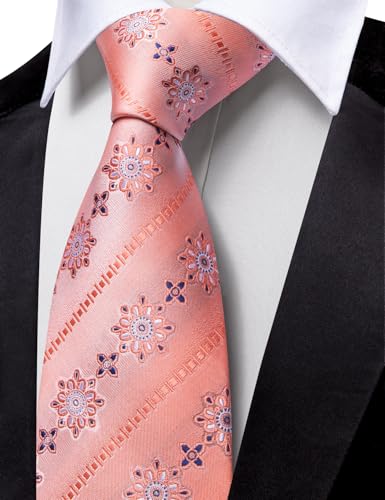 Image of Barry.Wang Coral Pink Ties for Men Floral Tie Necktie and Tie Clip Wedding Business Flower Formal