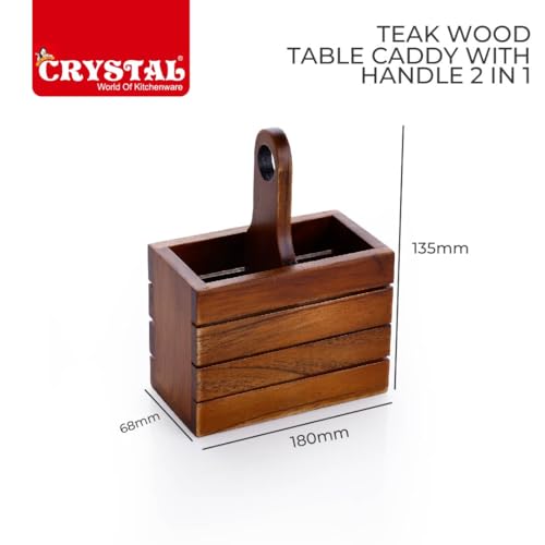 Image of Crystal Premium Handcrafted Wooden Cutlery /Spoon stand with Handle | Pure Teak Wood | Wooden Caddy with 2 sections | Multipurpose Cutlery Stand for Kitchen, Dining Table
