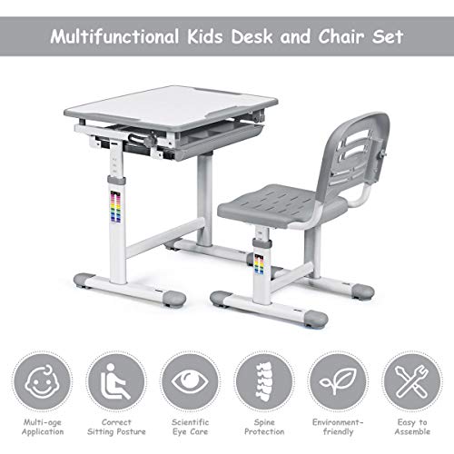 Baby Joy Kids Desk And Chair Set, Height Adjustable Child Desk Set W/Tilt Desktop, Pull Out Drawer Storage, Metal Hook, Multifunctional School Student Study Desk Chair For Boys & Girls (Grey) #TOP7
