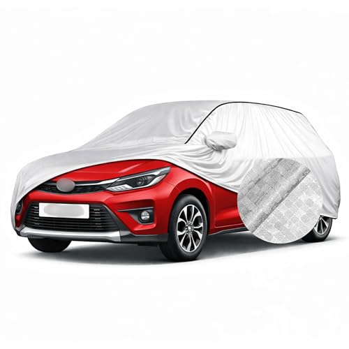 Image of SEAZEN Waterproof Car Cover for Toyota Glanza | Dustproof, UV & Scratch Resistant Soft Cotton Lining | Triple Stitched, Mirror Pockets & Elastic Hem | Metallic Silver with Black Piping