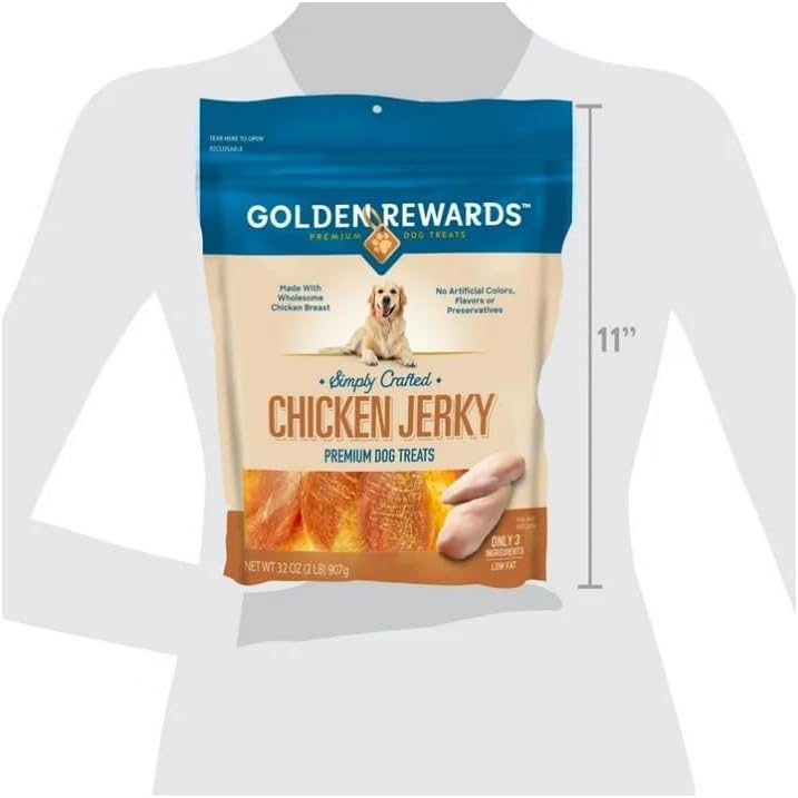 Golden~Rewards Chicken Jerky Dog Treats ~ 32 Oz Bag ~ Made with Wholesome Chicken Breast, Low Fat, Grain-Free, No Artificial Colors or Preservatives, Premium High-Protein Snack for Dogs ~ (1 Pack)