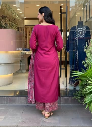 Image of ANNI Designer Women's Rayon Viscose Straight Printed Embroidery Kurta with Palazzo and Dupatta