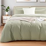 NEXHOME PRO Queen Duvet Cover Set – 100% Certified Organic Cotton with Washed Feel & Linen-Like Texture, Comfortable & Breathable, Home Bedding Set Sage Green (No Comforter)