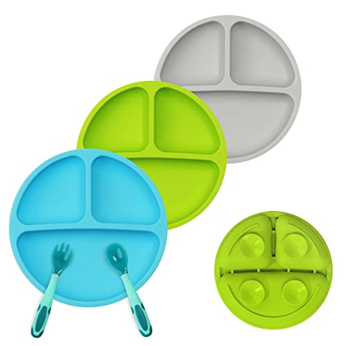 3 Pack Safe Silicone Baby Suction Plates - Toddler Divided Plate Set With Spoon Fork, Dishwasher And Microwave Safe (Blue, Green & Gray) #TOP5