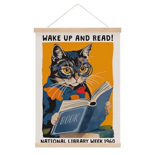 Funny Reading Cat Poster Hanger, Reading Nook Library Decor Wall Decor