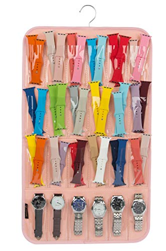 Uhrenarmband-Halter, zum Aufhängen, kompatibel mit Uhren, Uhrenarmband-Aufbewahrung, Organizer für 48 Uhrenbänder oder Organizer für 24 Uhren. (Filzmaterial-Rosa) Cover