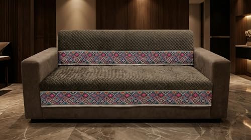 Image of Velvet L Shape 3+2 (5 Seater) Sofa Cover Fully Covered | Anti Skid Non Slip | Plain Brown | Washable Furniture Protector