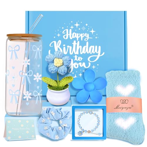 Kifredwo Gifts for Teen Girls Women Sister Friends Daughter Niece Blue Teen Girl Birthday Gifts Trendy Stuff 7 Pcs Cute Daisy Bow Glass Cups Easter Gift Basket for Teenage Girl
