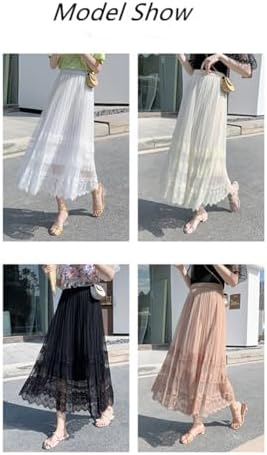 Sigdio Women Midi Skirt Elastic High Waist Lace Tulle Skirt Pleated Skirt