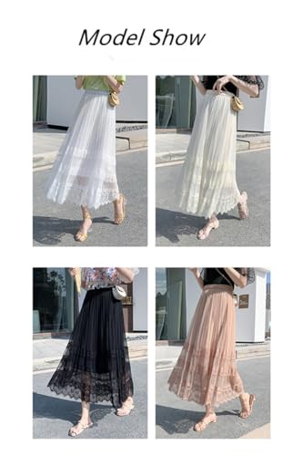 Sigdio Women Midi Skirt Elastic High Waist Lace Tulle Skirt Pleated Skirt