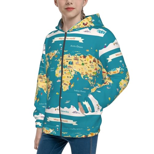 World Map With Landmarks Kid Hoodies Boys Zip Up Sweatshirts Girls Pullover with Pocket
