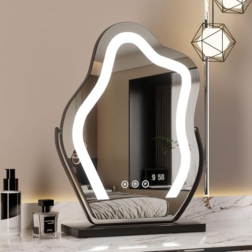 Odernirror Makeup Mirror with Lights - 17″ Cloud Shaped Smart Touch 3-Color Dimmable 360° Rotation Memory Metal Frame Plug-in AC Power Tabletop Vanity Mirror Gift for Women Teen Girls Black