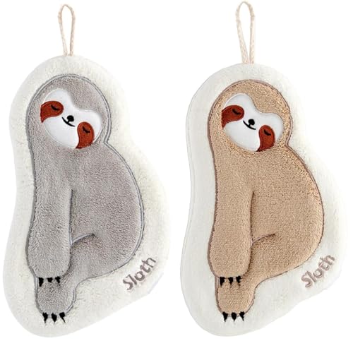 Moecat Life ループタオル 吸水 速乾 ハンドタオル かわいい 動物 手拭きタオル 柔らか 洗面台 キッチン (ナマケモノ2点セット)