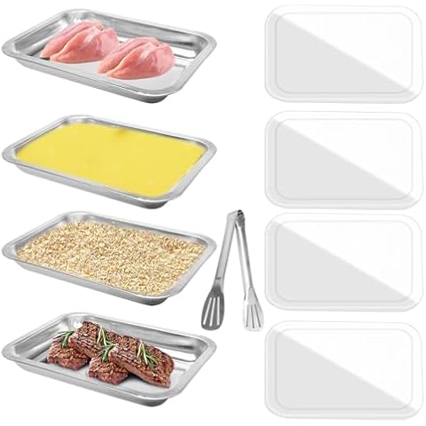 Olutacot 4 Pcs Breading Trays 10.4 x 7.7 x 1.9 Inch Food Prep Trays Stainless Steel Breading Pans with Lids and Tong for Dredging Chicken Breasts Marinating Meat and Serving Dishes Cover