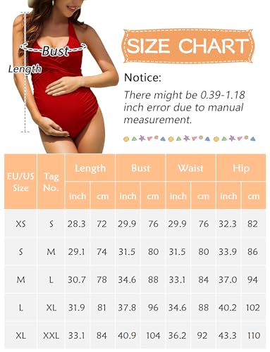 FEOYA Umstandsbadeanzug Einteilig Neckholder Umstands-Badeanzug V-Ausschnitt Schwangerschafts Bademode Kreuz Front Elegant Mutterschaft Badeanzug Rot L