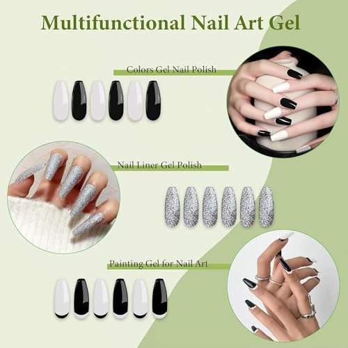 Nail Art Polish Set Gel Liner Nail Art Kit For Nail Design Polish Gel Art Paint For Nail 4 Colors Black White Gel Nail Polish Soak off Curing Requires 8ml with Thin Nail Art Brush - Image 5