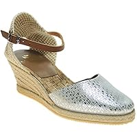 Alpargatas Valencianas para Mujer - Cuña de Esparto Cáñamo y Yute. Ajuste con Hebilla al Tobillo. Fabricadas en España. Marca Sevillas Plata Talla 39