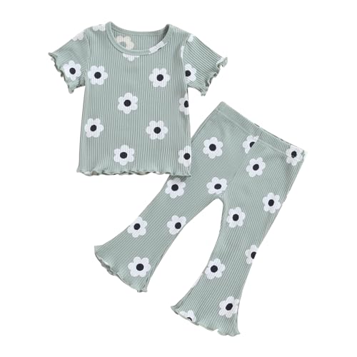 Image of Kupretty Baby Girl Clothes Summer Solid Knit Ruffle Short Sleeve T-Shirt Tee & Flare Pants Set Toddler Bell-bottoms Outfit