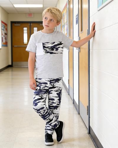Image of OLMRJKD Boys 2 Piece Outfits Color Block Clothes Short Sleeve T Shirt and Camouflage Pants Summer Clothing Sets