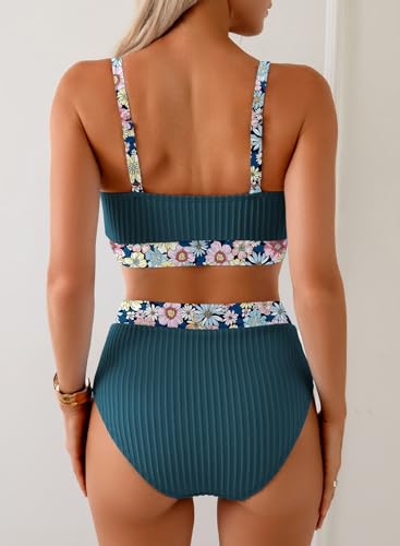 Image of Herseas Women's Textured Bikini Sets Floral Print Trim Scoop Neck Swimsuits High Waisted Bathing Suits