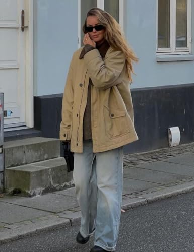 Kissonic Womens Oversized Barn Jacket Button Down Corduroy Lapel Collar Canvas Jacket Outwear4