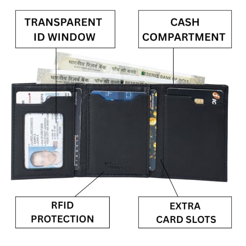 Image of BLACKTHORNE Wallet for Men | RFID Blocking Genuine Trifold Leather Pop-Up Card Holder Wallet | Slim Minimal Design with Aluminium Case Holds 6-8 Cards, Coin Pocket & Magnetic Closure (Black)
