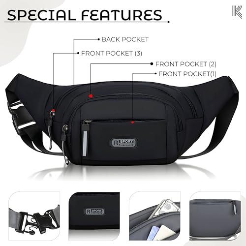 Image of Kraptick Premium Unisex Waist Bag for Men and Women - Stylish Hip Bag, Fanny Bag, Outdoor Waist Bag (Black)