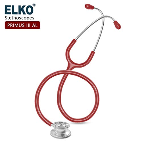 Image of ELKO EL-160 Primus III AL Aluminum Head Stethoscope For Doctors and Medical Students | Double Sided Chest Piece For Adult & Pediatric Patients | U-Shaped PVC Tubing | Soft Sealing Ear Knobs (Red)