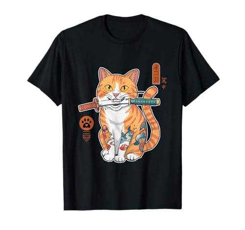 Samurai Ninja Cat Shirt Katana Japonés Tatuaje Gato Guerrero Camiseta