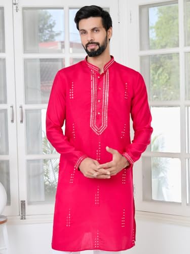 Image of See Designs Men's Full Sleeve Mandarin Collar Embroidered Thread Work Sequinned Rayon Straight Long Kurta - Festive Collection