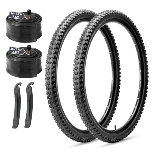 MOHEGIA Mountain Bike Tires Set: 2 Pack 26×2.1/27.5×2.1/ 29×2.1 Inch Folding Bicycle Tires Replacement and Pair 26/27.5/29 Inch Inner Tubes Schrader Valve with Tire Levers