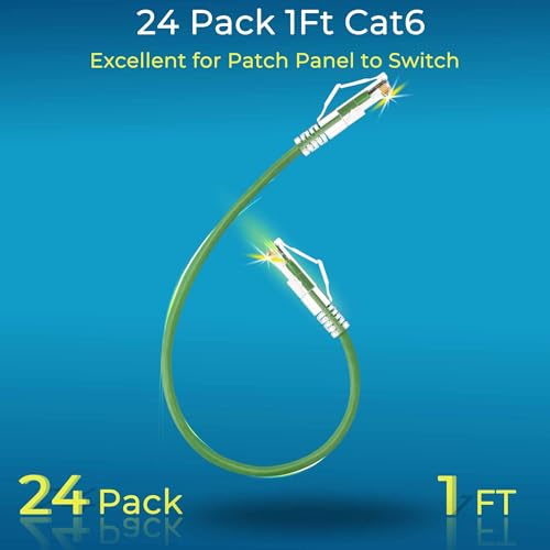 Image of Rapink Patch Cables Cat6 / Cat6a 1ft (24 Pack) Slim, Cat6a Ethernet Patch Cable 10G Support, Snagless Cat 6 Patch Cable for Patch Panel to Switch, Flexiable Cat6 Ethernet Cable Green