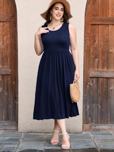 Image of LARACE Women's Plus Size Sleeveless Maxi Dress Casual Crew Neck Pleated Flowy Long Dresses with Pockets L-6XL