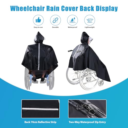 Poncho de chuva para cadeira de rodas, cobertura total para adultos, com capuz semitransparente e zí