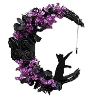 Couronne Halloween Chat Sur La Lune – Décoration Porte D'entrée Féline Et Féerique – 30 Cm Avec Lumières (piles Non Fournies)