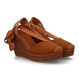 100205 Alpargata Sandalia de Mujer con Cuna de Esparto para Mujer, Cierre de Cintas al Tobillo o atadas por la Pierna, Ajustable, Talon Abierto, Ideal Primavera Verano. Camel Talla 37