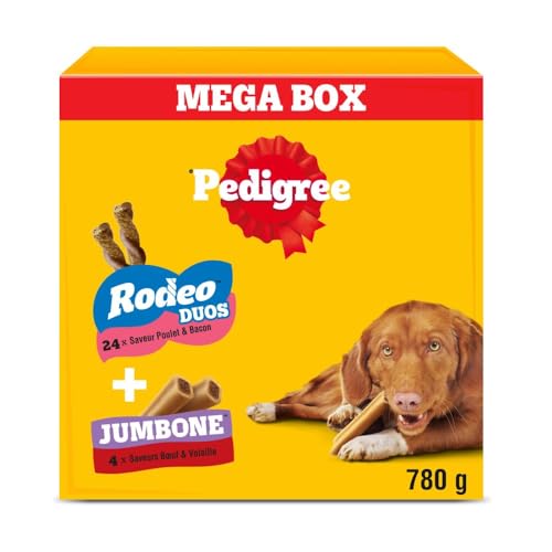 Pedigree Multipack 780 g – Friandises pour Chien : 24x Rodeo Duos Poulet et Bacon et 4X Jumbone Bœuf et Volaille – Mega Box