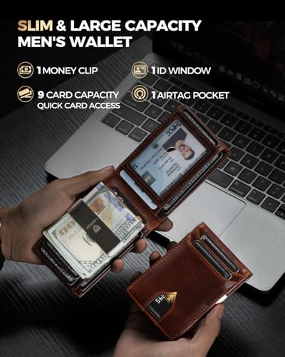 LORZOR Mens Genuine Leather Wallet - AirTag Wallet for Men with Money Clip Slim Front Pocket RFID Blocking Card Holder, Minimalist Wallet Bifold with Present Box (Airtag Not Included)3