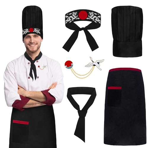 Ueyben Hibachi Chef Hat And Apron Set Hibachi Chef Costume Outfit Accessories Sushi Chefs Uniform with Sushi Chefs Hat for Men Women for BBQ Cuisine Birthday Party Decor
